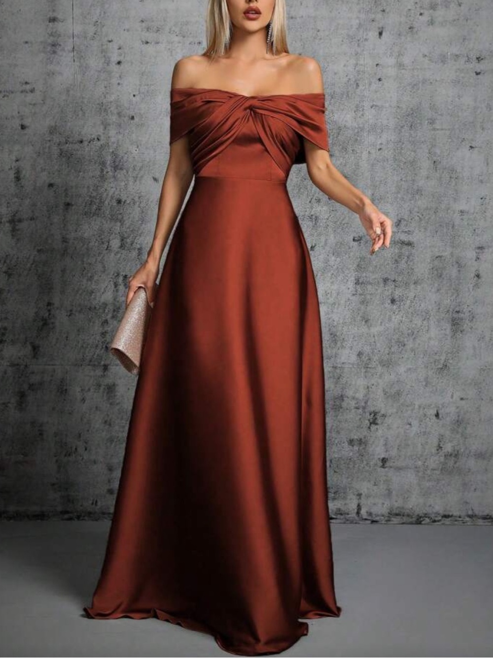 Elegant Burnt Orange Off-Shoulder Satin Evening Gown